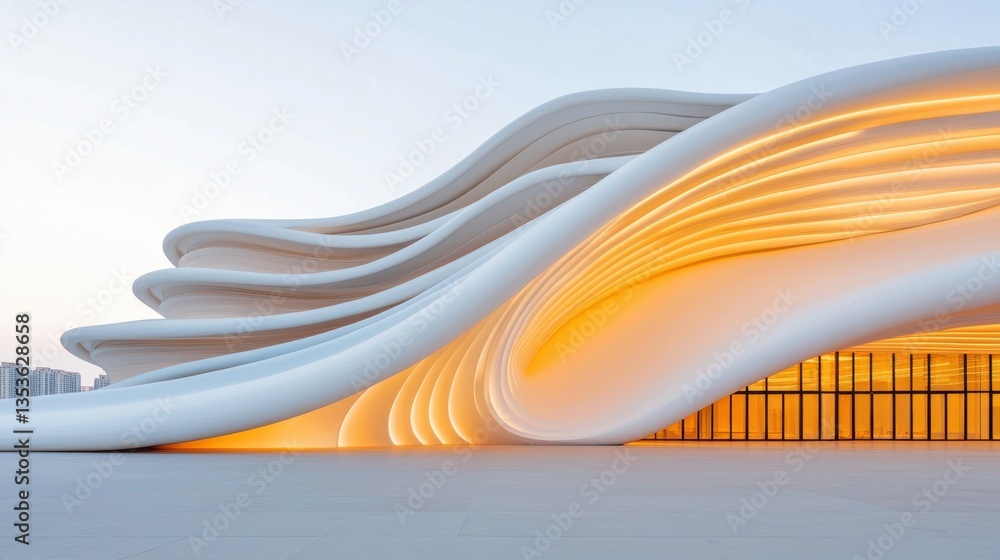 Aufkleber modern convention center exterior design concept, modern architectural design featuring soft curves 