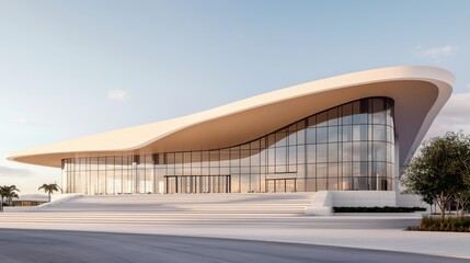 Obraz premium Modern convention center exterior design Concept, Modern Architectural Design of a Convention Center with Expansive Glass Facade and Steps Leading to Entrance