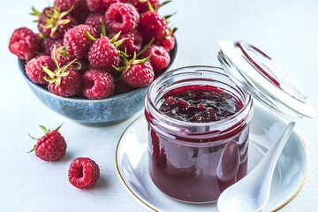 A photo of a bowl of raspberries and a jar of jam