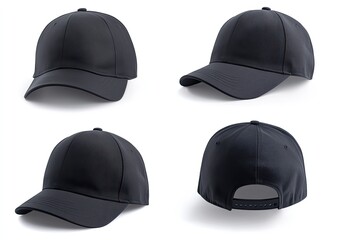 Four views of a black baseball cap.  Various angles of a dark-colored, adjustable,  plain baseball cap.  Flat lay, studio shot, showing front, side, and back