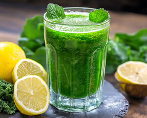 Fototapeta premium Lutein antioxidant vitamins. Nutrition supplements. Eye care wellness. A refreshing green smoothie rich in lutein served in a glass.