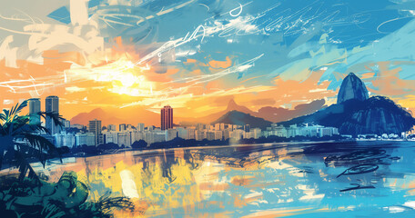 Fototapeta premium Colorful digital artwork of Rio de Janeiro skyline and water.