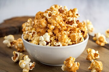 A photo of caramel popcorn in a white bowl.