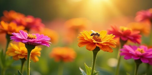 Vibrant zinnias blooming in a sunlit field with bees hovering around, flowers, summer, petals
