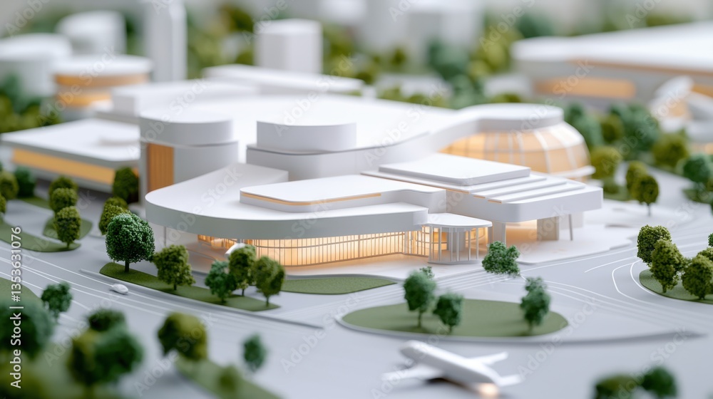 Poster modern convention center exterior design concept, modern architectural model of a sprawling conventi