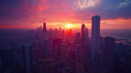 Fototapeta premium Aerial view of a city skyline at dusk