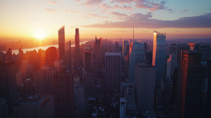 Aerial view of a city skyline at dusk