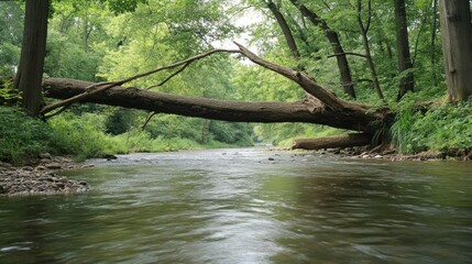 Fallen Tree Bridges a Tranquil River in Lush Green Forest Scenery