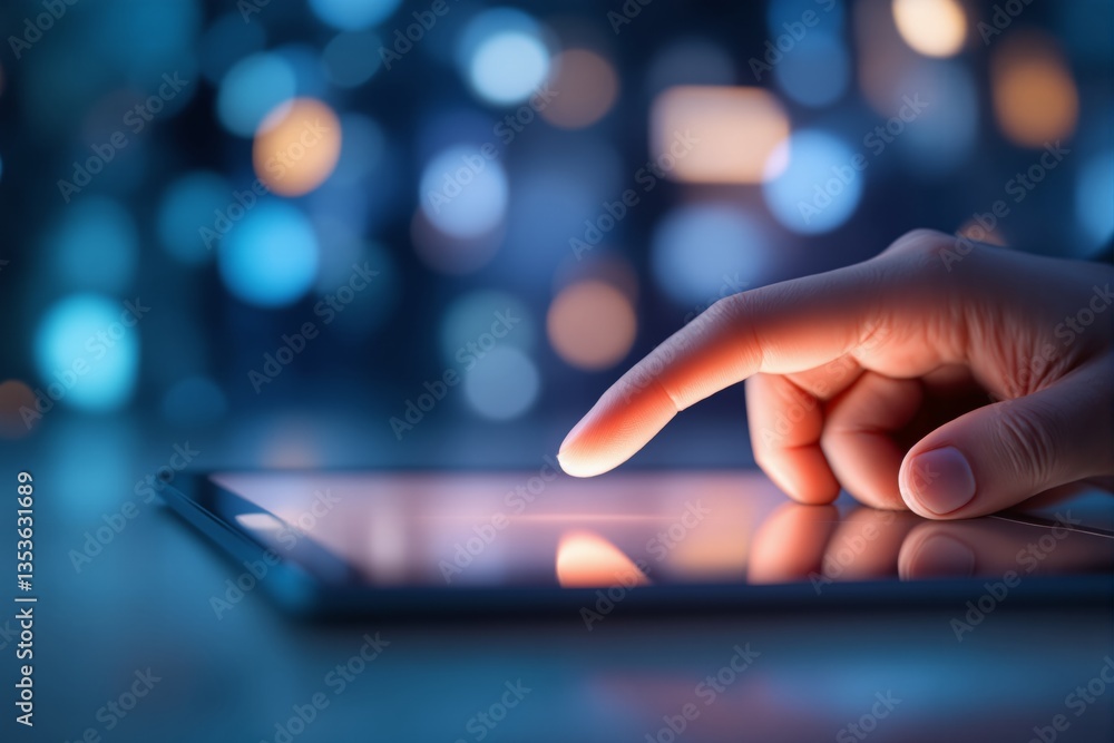 Aufkleber close-up of a human finger touching a digital tablet screen with colorful bokeh lights in the backgr