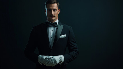 Obraz premium A refined portrait of a distinguished butler dressed in a dark formal suit and white gloves, standing attentively. Represents the service industry and professional hospitality