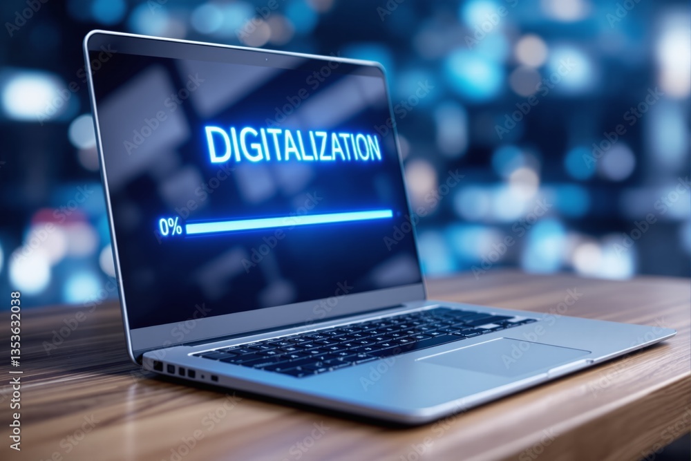 Poster laptop on wooden desk displaying digitalization progress bar on screen.