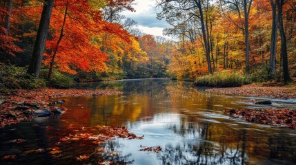 Fototapeta premium Autumn serenity picturesque river flowing through vibrant foliage forest scene
