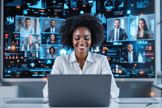 Smiling businesswoman using laptop during virtual meeting with colleagues on futuristic digital screen.
