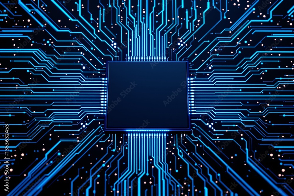Poster futuristic microchip with glowing blue circuitry connections.