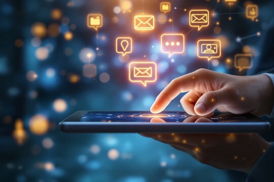 Hand interacting with digital tablet and glowing communication icons.