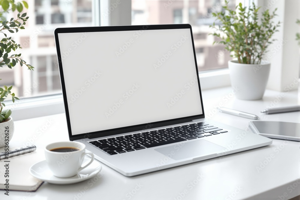Poster laptop with blank screen on white desk near window in modern workspace.