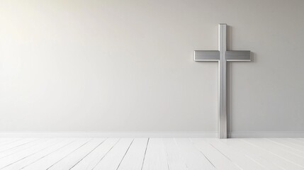 Naklejka premium Modern minimalist church designs Concept, Modern Minimalist Cross in Brushed Metal Design for Contemporary Interior Spaces