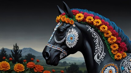 A beautifully decorated black horse surrounded by vibrant floral patterns in a colorful artistic display