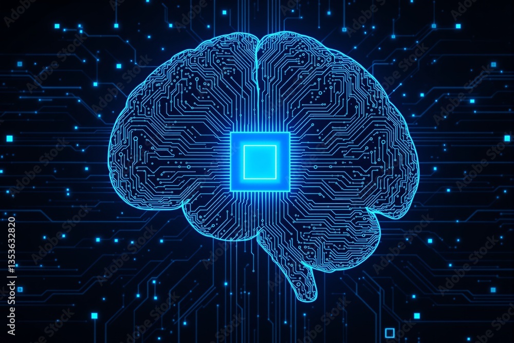 Poster Futuristic digital brain with circuit board connections and central microchip.