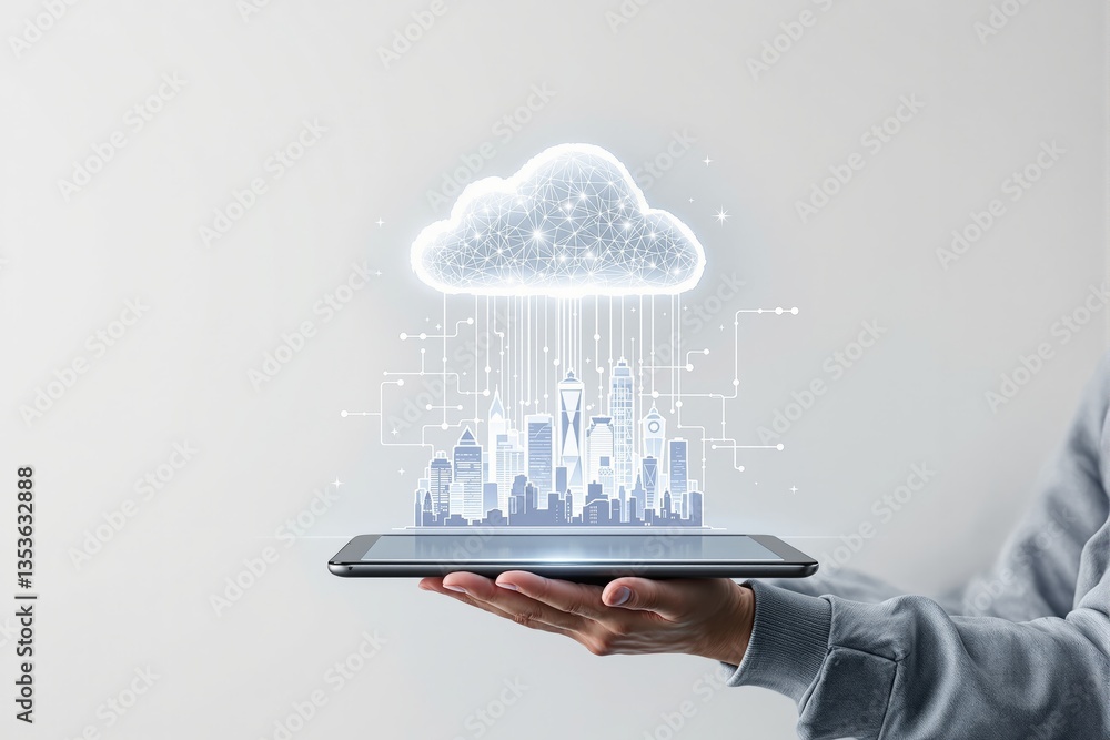 Aufkleber futuristic digital cityscape emerging from a tablet with a glowing cloud symbolizing cloud computing