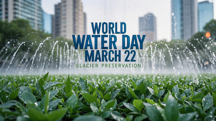 Reclaimed Water for Urban Greenery: Sprinkling Plants with Recycled Water, with Text "WORLD WATER DAY MARCH 22" and "GLACIER PRESERVATION"