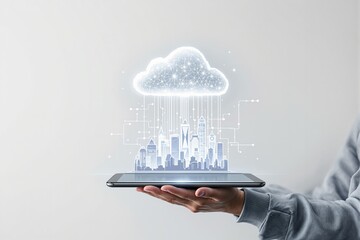 Futuristic digital cityscape emerging from a tablet with a glowing cloud symbolizing cloud computing and data connectivity.