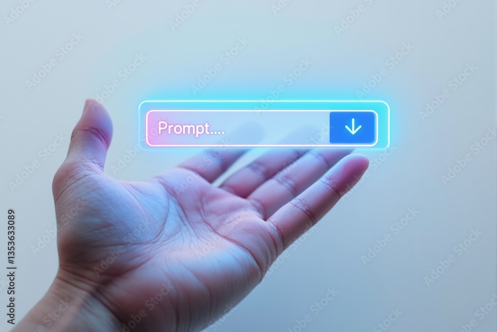 Poster futuristic technology concept with a glowing search bar hovering above an open human hand.
