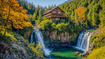 Secluded Lodge by Waterfall with Vibrant Autumn Trees, Rustic Mountain Retreat in Fall.