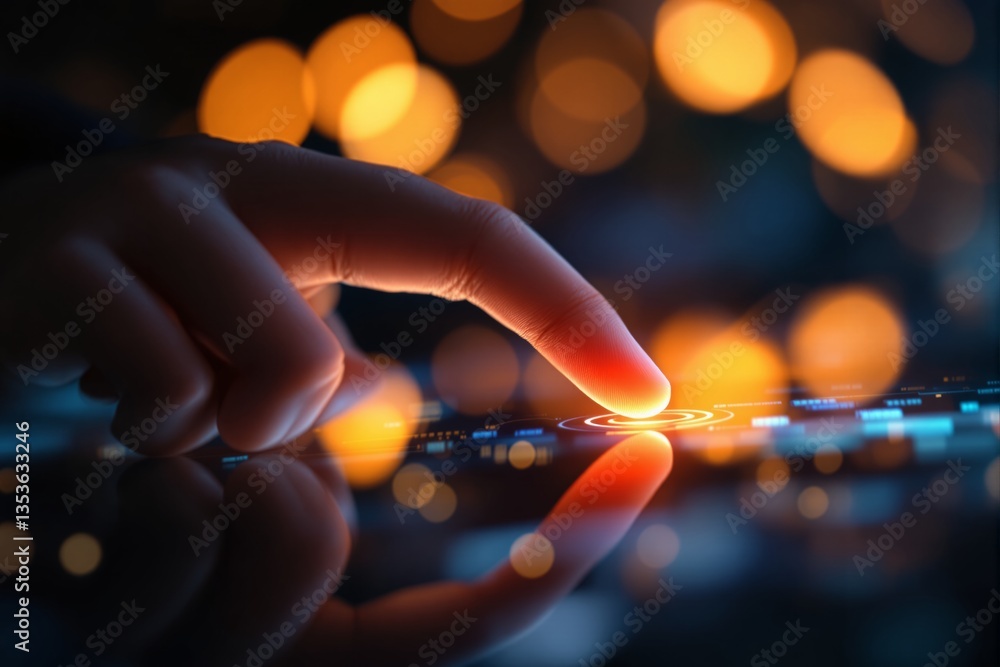 Poster Finger touching futuristic digital touchscreen with glowing interface.