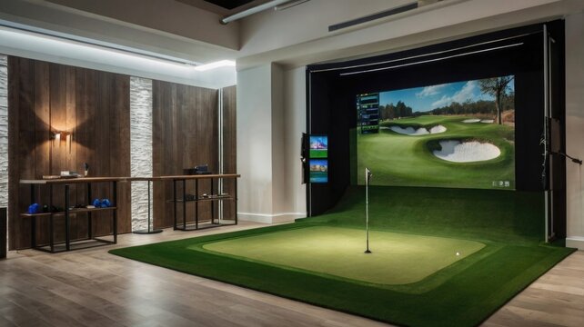 Sleek Interior of a Modern Indoor Golf Simulator Club with Advanced Technology and Vibrant Decor