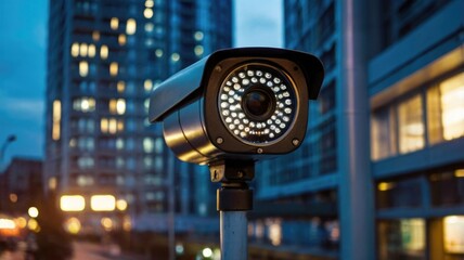 Surveillance Night Camera Overlooking City Street at Dusk. Urban Security Concept
