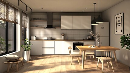 Cozy Kitchen Interior with Dining Table and Light Wooden Furniture for a Warm Home Ambience