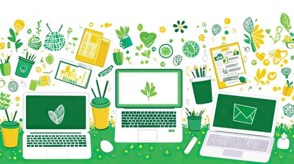 Eco-friendly office with laptops, plants, and stationery promoting sustainability, background of doodles