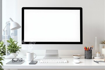Fototapeta premium Modern workspace with desktop computer and blank screen on white desk.