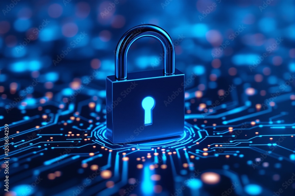 Poster cybersecurity concept with a glowing lock on a digital circuit board.