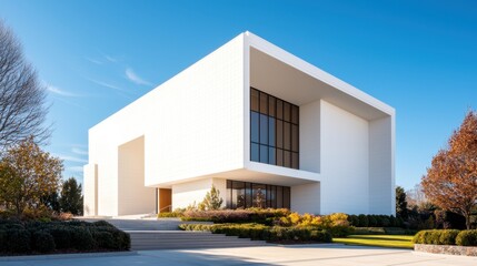 Modern minimalist church designs Concept, Modern Church Exterior with Clean Lines and Geometric Design Under Clear Sky