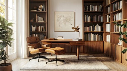 Elegant Home Office Interior With Bookshelves Desk Chair and World Map Artwork Displayed