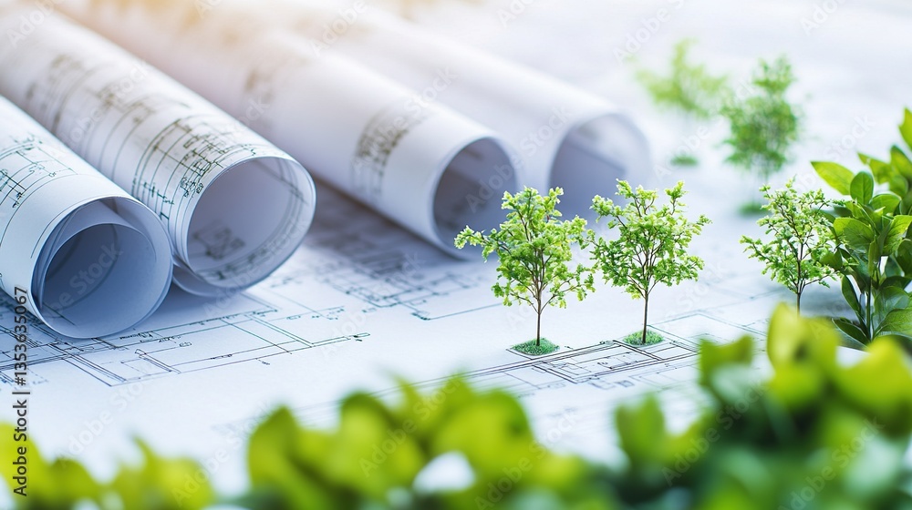 Poster architectural blueprints with greenery on table for construction project