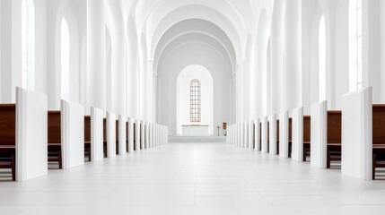 Modern minimalist church designs Concept, Serene Monochromatic Interior of a Church with Soft Natural Light Streaming Through the Windows