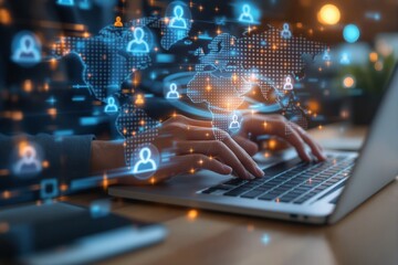 Digital global communication network with hands typing on a laptop.
