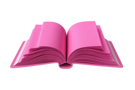 Open book with pink pages and cover lying flat on a surface in a studio environment setting