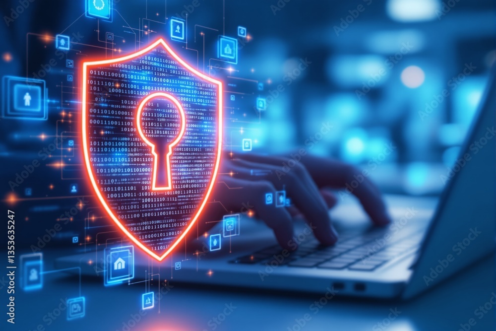 Poster Cybersecurity concept with digital shield and lock symbol.
