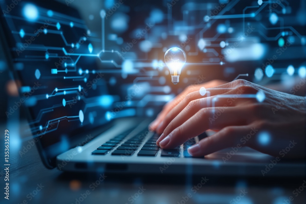 Poster hands typing on a laptop keyboard with glowing blue digital circuit connections and a light bulb ico