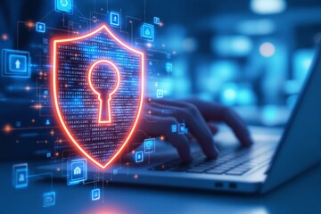 Cybersecurity concept with digital shield and lock symbol.