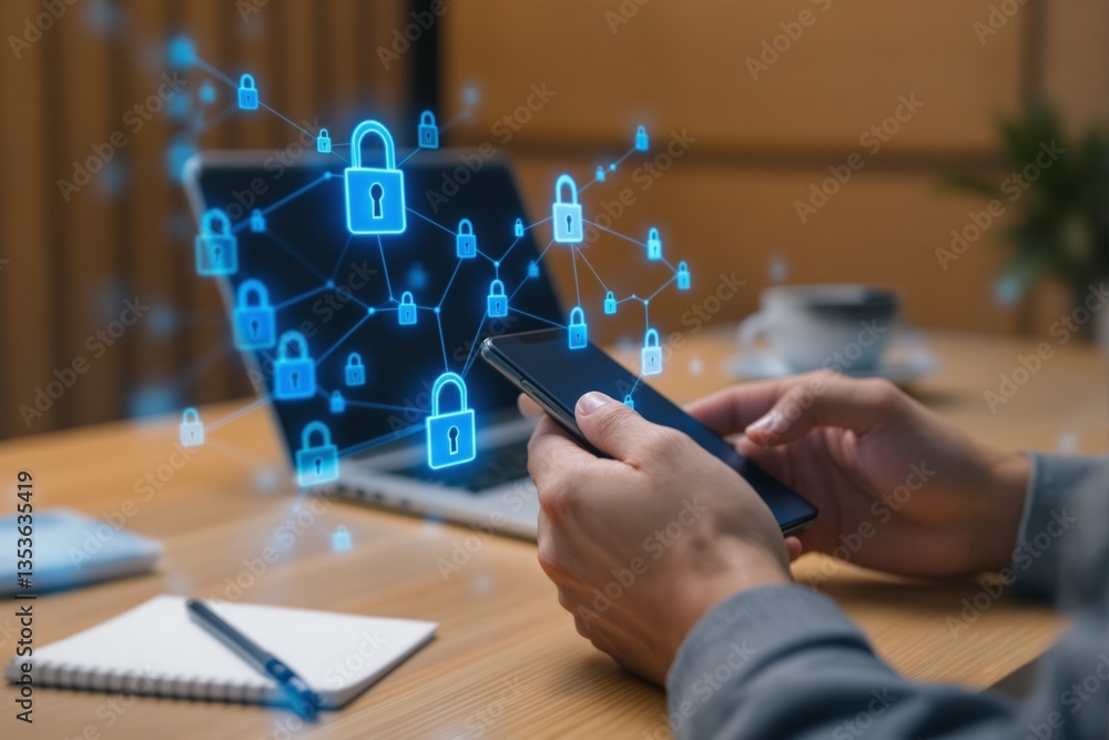 Poster Cybersecurity concept with digital locks connecting smartphone and laptop.