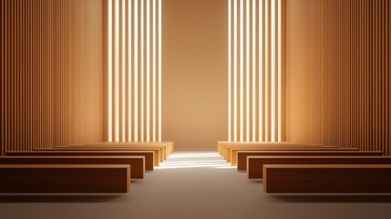 Modern minimalist church designs Concept, Slatted Walls Creating Diffused Light in a Minimalist Interior with Evenly Spaced Elements