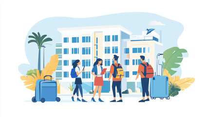 A web banner or landing page for a hotel administrator, showcasing tourism services and professional hotel staff assisting tourists with vacation apartment bookings abroad. 