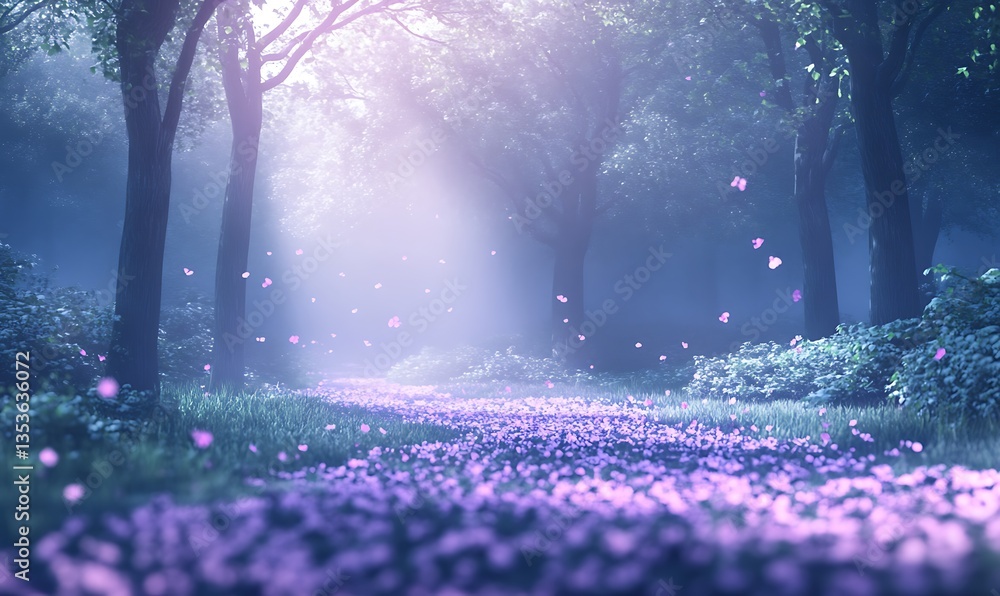 Leinwandbilder A serene forest path illuminated by soft light and adorned with delicate flowers.