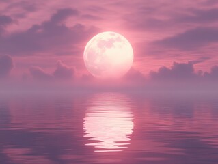 Fototapeta premium Pink Moon Reflects on Calm Water, Serene Night Sky