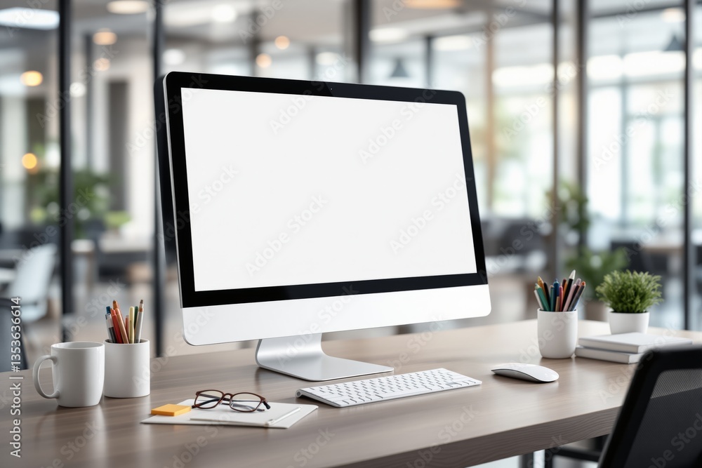 Poster blank computer screen on modern office desk.